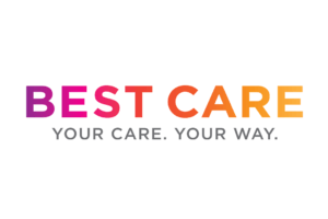 Best Care logo purple, pink, orange, yellow gradient colors