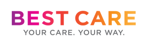 Best Care logo purple, pink, orange, yellow gradient colors