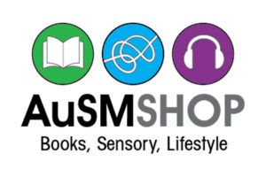 AuSM Shop: Books, Sensory, Lifestyle including a green circle with a book outline, a blue circle with a tangle outline, and a purple circle with a headphones outline