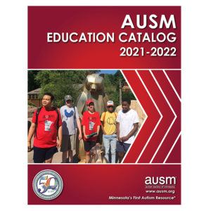Cover of the AuSM Education Catalog 2021-2022, red with image of group of five teens in front of a bear statue.