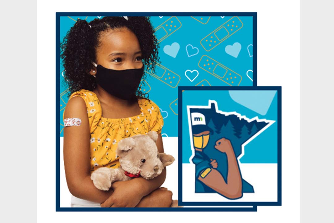 Image of young girl with a bandaid on her arm holding teddy bear next to an inset image of the state of Minnesota outline that features an animated image of a person flexing their arm and showing a bandaid on their bicep.