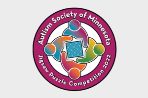 Autism Society of Minnesota Jigsaw Puzzle Competition 2022 logo featuring four colorful outlines of people putting together a geometric puzzle together