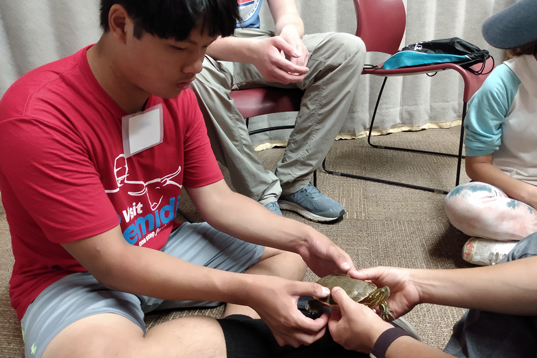 A young man sitting on the floor reaches out to touch a turtle held by an adult in front of him