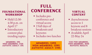 Full Conference: Includes pre-conference and virtual access. 2 full days of breakouts and keynotes. Includes two lunches. Members: $295. Non-members: $395. Autistic Adult: $195. Foundational Workshop. Held 12:30-4:30 p.m. on April 17 Introductory content plus trending topics. Members: $95. Non-members: $125. Autistic Adult: $75. Virtual Content. Asynchronous access to 1 keynote and 8 breakout sessions. Available April 22-May 24. $125 for members, non-members, and autistic adults.