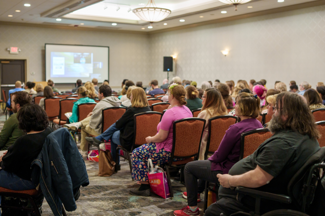 A crowded room in a hotel ballroom. People sit in rows watching a presentation at the AuSM conference