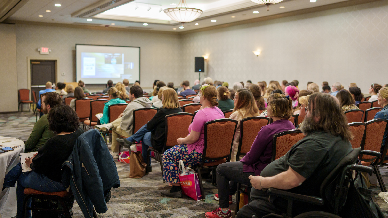 A crowded room in a hotel ballroom. People sit in rows watching a presentation at the AuSM conference