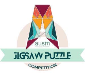 Stylized geometric puzzle-piece “A” in shades of teal, orange, yellow, burgundy, and cream, above the AuSM logo. A teal banner below reads “Jigsaw Puzzle Competition.”