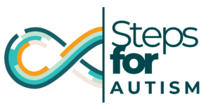 Teal, gold, and cream infinity loop design on the left, paired with bold teal text on the right that reads “Steps for Autism.”