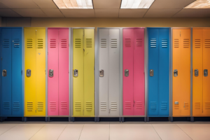 A row of school lockers painted in bright colors including blue, yellow, pink, gray, and orange, under fluorescent lights.