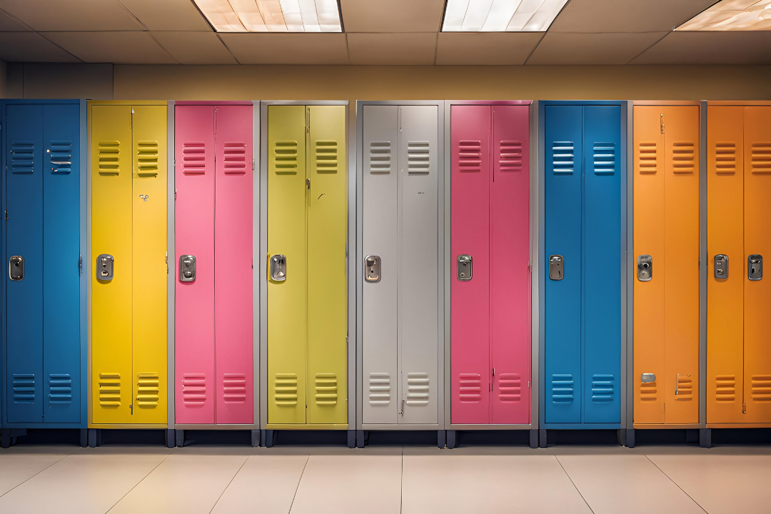 A row of school lockers painted in bright colors including blue, yellow, pink, gray, and orange, under fluorescent lights.