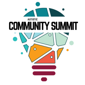 eometric lightbulb design with colorful puzzle-like shapes in teal, orange, burgundy, and cream. The text “Autistic Community Summit” is centered across the top.