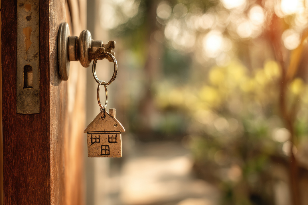 A close-up of a brass key in a wooden door lock, attached to a keyring with a small house-shaped charm, with warm sunlight and a softly blurred outdoor background.