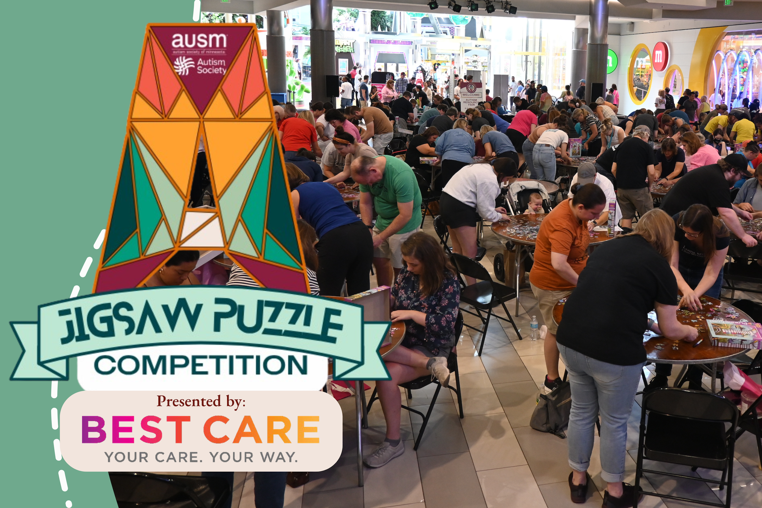 A crowd of people puzzling at AuSM's Jigsaw Puzzle Competition Sponsored by Best Care.