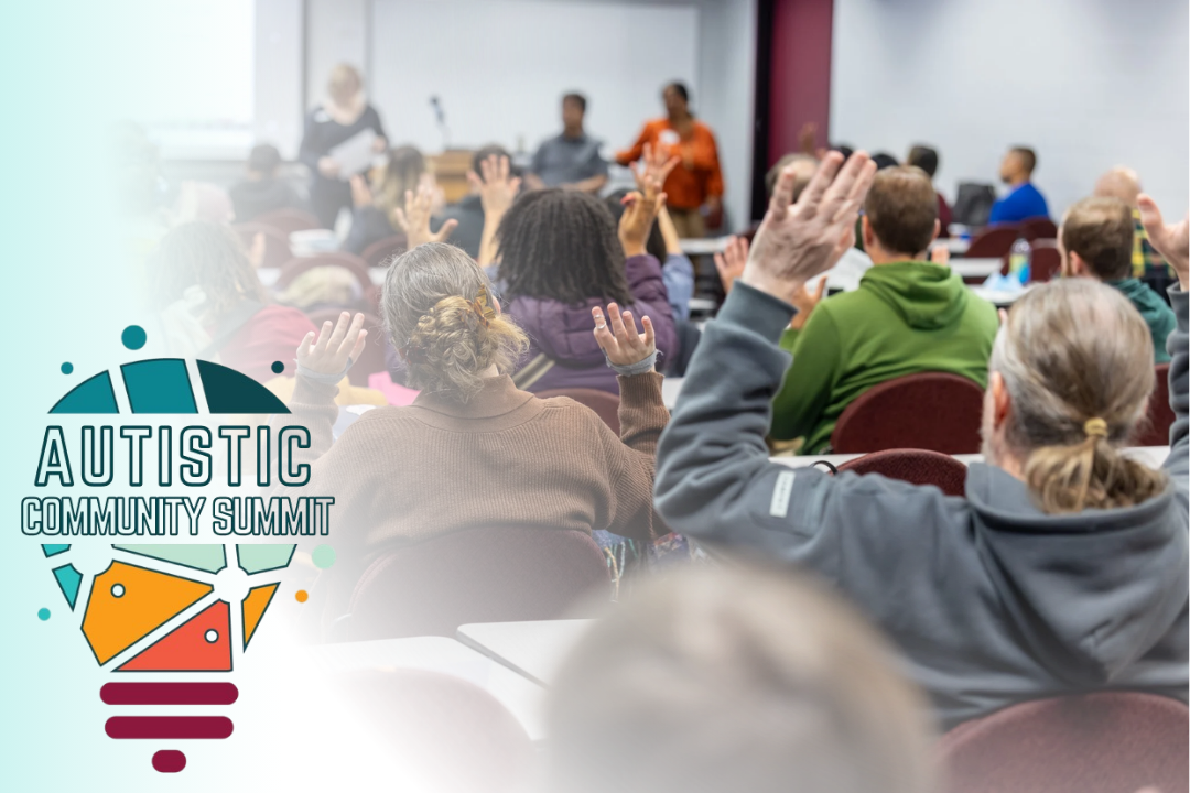 People raising their hands in ASL applause, facing away towards the speaker. [Autistic Community Summit logo: a multi-colored lightbulb graphic]